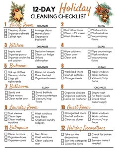 the 12 day cleaning checklist is shown in this printable form, with an orange and