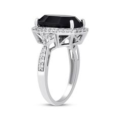 With its unique shape, this striking ring is black-tie ready. Sterling silver A 10-sided faceted black onyx centerpiece draws the eye Round-cut white lab-created sapphires decorate the scalloped frame, sides and shank Formal Black Spinel Jewelry With Diamond Accents, Formal Black Rings With Accent Stones, Elegant Black Spinel Ring For Formal Occasions, Formal Black Sapphire Ring With Accent Stones, Formal Black Sapphire Ring With Center Stone, Formal Black Rings With Black Diamonds, Black Diamond Ring With Accent Stones For Formal Occasions, Formal Black Diamond Ring With Accent Stones, Formal Black Spinel Ring Jewelry