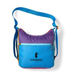 a blue and purple bag with the word coppaxi on it's side