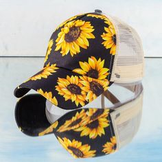 Sunflower Print Baseball Cap Adjustable Velcro Strap Meshy High Bun Ponytail Slots Yellow Summer Hat, One Size Fits Most, Trendy Yellow Snapback Trucker Hat, Yellow Trucker Hat Baseball Cap For Spring, Yellow Cap For Vacation, Yellow Vacation Cap, Yellow Baseball Cap For Spring, Trendy Adjustable Yellow Hat, Trendy Yellow Snapback Hat, Yellow Adjustable Trucker Hat For Spring