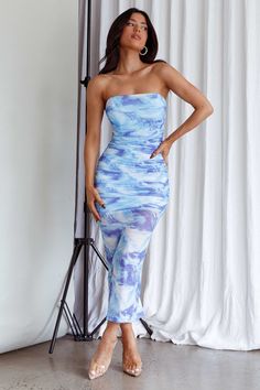 Logan Strapless Ruched Midi Dress Blue Strapless Beach Dress, Midi Dress Blue, Bodycon Maxi Dress, Midi Dress Style, Ruched Midi Dress, Metallic Heels, Bodycon Maxi Dresses, Short Prom, Iron Material