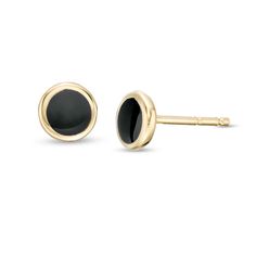 Subtle yet charming, these stud earrings complement her casual attire. Fashioned in 14K gold, each cute earring showcases a black enamel-finished disc wrapped in a yellow gold polished frame. Buffed to a brilliant luster, these post earrings secure comfortably with friction backs. Classic Yellow Gold Earrings With Black Enamel, Gold Earrings With Black Enamel In 14k Gold, Gold Neck Chain, Red Earrings Stud, Mens Gold Jewelry, Mens Silver Rings, Rings Cool, Gothic Jewelry, Casual Attire