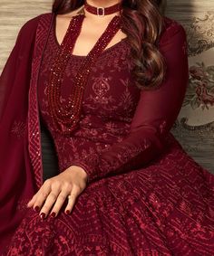 Ruby Red Designer Heavy Embroidered Wedding Anarkali Suit-Saira's Boutique Maroon Anarkali, Long Anarkali Dress, Red Anarkali Suits, Gaun Tulle, Wedding Anarkali, Long Anarkali Gown, Burgundy Evening Dress, Long Anarkali, Georgette Dupatta