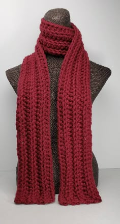 This scarf will keep you cozy and stylish in cold Winter weather. Measures 70 inches long and 5 inches wide.  Can be worn multiple ways. Made with a chunky wool blend yarn for warmth and easy care.  Machine washable. Crochet Red Scarf, Crochet Winter Scarf, Sixth Form Outfit, Red Wool Scarf, Scarf Aesthetic, Maroon Scarf, Chunky Crochet Scarf, Burgundy Scarf, Winter Arc