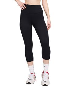 in stock High Rise Black Athleisure Bottoms, Black High Rise Athleisure Bottoms, Tight Black Bottoms With Wide Waistband, Nike Black Elastane Activewear, Black Compression Activewear, Hip-length, Sporty High Rise Black Bottoms, Compressive Black Nike Bottoms, Nike Elastane Yoga Bottoms, Nike Black Compressive Activewear