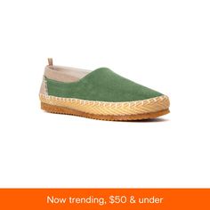 in stock Beige Suede Espadrilles With Rubber Sole, Beige Round Toe Espadrilles With Stitched Sole, Green Slip-on Casual Espadrilles, Green Round Toe Espadrilles, Green Casual Espadrilles With Round Toe, Spring Green Closed Toe Espadrilles, Spring Flat Heel Espadrilles With Stitched Sole, Light Pastel Green, Eco Chic