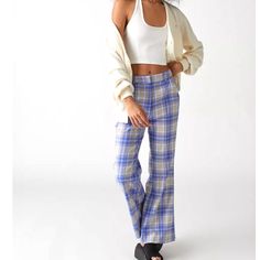 Love These Urban Outfitter Trousers. It’s Tan With Blue Not Yellow As Picture Light Reflect. Waist Is Approx 15 1/2 Urban Outfitters Blue Bottoms For Spring, Plaid High Waist Bottoms For Day Out, Fitted Urban Outfitters Pants With Pockets, Fitted Plaid Bottoms For Spring, Fitted Plaid Pants For Summer, Fitted Plaid Bottoms For Day Out, Blue Wide Leg Bottoms From Urban Outfitters, Urban Outfitters Blue Wide Leg Bottoms, Blue Stretch Bottoms From Urban Outfitters