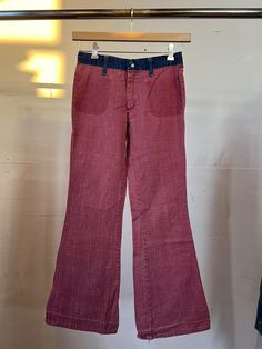 "1970s two tone flare jeans. All cotton. Missing pockets on the front and the back.  Measurements flat:  27\" Waist  9.5\" Rise  37\" Hip  30\" Inseam All sales final, please ask any questions you have before purchasing! Thank you!" Denim Flare Jeans, Denim Flares, Flare Jeans, Red Blue, Two Tone, Gender Neutral, 1970s, Adult Outfits, Red