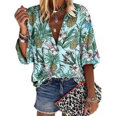 Elevate your wardrobe with the NFTOEIULA Women's Tropical Floral Print Blouse. This piece blends the casual ease of a vacation shirt with the sophistication of a work blouse. The chiffon and linen materials provide a soft, comfortable experience, while the elegant pineapple and floral print ensure you stand out in the best way. Perfect for a wide range of occasions, from the office to your next tropical getaway. The blouse is easy to care for: machine wash at low temperatures, hang to dry, and remember to avoid bleach and high-temperature ironing to maintain its vibrant print and soft texture. Due to lighting and monitor differences, the actual color may vary slightly, but each blouse is crafted to be as stunning as the image presented. Before ordering, please check our true-to-size chart Half Sleeve Tops For Summer Vacation, Summer Beach Tops With Half Sleeves, Summer Beach Top With Half Sleeves, Half Sleeve Beach Top For Summer, Trendy Long Sleeve Blouse For Vacation, Summer Long Sleeve Blouse For Vacation, Summer Half Sleeve Tops For Vacation, Green Long Sleeve Blouse For Vacation, Hawaiian V-neck Shirt For The Beach