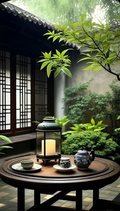 a table with tea cups and a lantern on it in front of a garden area