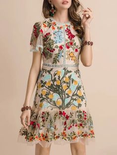 Beige flowers embroidered mini dress - Wapas Elegant A-line Mini Dress With Floral Embroidery, Feminine Floral Embroidered Short Sleeve Dress, Elegant Spring Dresses With Floral Applique, Feminine Knee-length Floral Embroidered Dress, Elegant Floral Applique Spring Dress, Feminine Floral Embroidered Dress For Garden Party, Spring A-line Embroidered Party Dress, Spring Feminine Dress With Floral Embroidery, Spring Floral Embroidery Midi Dress