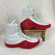 Super Rare Air Jordan Roy Jones Jr ( Rjj) Boxing Shoes Leather & Suede Size 10 Color Red & White Lace Up Boots Shoes Toy Jones Jr Rjj Jordan Jump Man Rjj Embossed On The Both Side Jump Man Logo Jones Embroidered On The Tongue Shoes Jordan On The Back Accomplishments Of Roy Jones Jr On The Bottom Of The Shoes Material Leather & Suede Made In 2003 Condition These Shoes Are Considered Vintage (21 Years) And As Vintage Shoes Are In Great Shape Have Minor Pilling On The Interior And Signs Of Wear Please See All Pictures Reasonable Offers Are Welcome Bundle 2 Or More Discount 20% & Discount Shipping (Bundle Your Items/ "Like" And I Will G Sporty Custom Leather Sneakers For Training, Sporty Leather Custom Sneakers For Training, Sporty Leather Training Sneakers, Leather High-top Sneakers With Rubber Sole For Training, Leather Lace-up High-top Sneakers For Training, Jordan Running Shoes With Rubber Sole And Leather, Leather High-top Basketball Shoes For Training, Custom High-top Sneakers With Red Sole For Training, High-top Leather Jordan Training Shoes