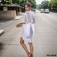 Olivia Mark - White Flare Sleeve Cutout Crochet Drawstring Cover-Up Casual Summer Lace Cover-up, Casual Lace Beach Cover-up, Casual Lace Cover-up For Beach Season, Casual Crochet Lace Cover-up For Spring, Spring Casual Crochet Lace Cover-up, Casual Crochet Lace Cover-up For Beach Season, Crochet Beach Cover Up, Crochet Drawstring, Beachwear Collection