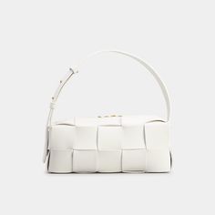 Bottega Veneta "Brick Cassette" shoulder bag in  intrecciato lambskin leather  Adjustable shoulder strap Can be worn as a shoulder or top handle bag  Two-way zip top closure  Interior, one slip pocket  Approx. 3.9"H x 9.3"W x 3.9"D Made in Italy Handle Bag, Zip Top, White Bag, Lambskin Leather, Bottega Veneta, Leather Shoulder Bag, Top Handle, Top Handle Bag, Shoulder Strap