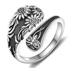 PRICES MAY VARY. Design:The sunflower design symbolizes warmth, happiness, and good luck, reminding you to keep smiling and stay positive.giving it a unique and retro aesthetic that's both fashionable and versatile. It's the perfect accessory to complement any outfit Size:Our antique sterling silver spoon open ring is soft, to ensure wearing comfort and quality, please choose the size range that suits you and it can be adjusted in small steps. Adjustable sizes from 4 to 11, perfect for most peop Vintage Spoon Rings, Vintage Turquoise Ring, Antique Spoons, Sunflower Jewelry, Sterling Silver Spoons, Spoon Ring, Small Steps, Spoon Rings, Thumb Ring