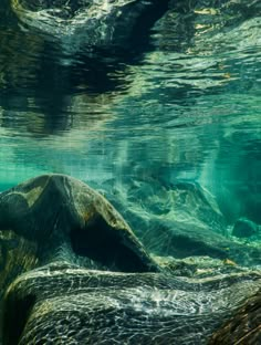 an underwater view of rocks and water