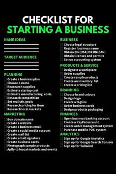 a checklist for starting a business with green and black text on the bottom right corner