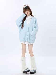 ❤cream blue loose rib knit cardigan❤︎ Blue Kawaii Clothes, Light Blue Flannel Outfit, White And Blue Outfits For Women, Knitted Jacket Outfit, Blue Winter Outfits, Knit Jacket Outfit, Blue Flannel Outfit, Pastel Winter Outfit, Tulip Cardigan