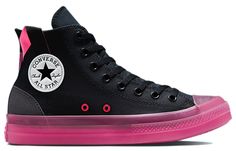 The iconic Converse Chuck Taylor All Star sneaker never goes out of style. Reimagined in modern ‘Black Hyper Pink’, the CX High version is the perfect way to keep up with current trends while maintaining a timeless classic look. The stretch canvas upper ensures a comfortable fit and the black color creates an on-trend, versatile shoe that can be easily added to any outfit. The bright pink webbing pull loop at the heel and white leather All Star patch add pops of color for a subtle touch of style Cool Converse, Dapper Dudes, All Star Shoes, Cinderella Shoes, All Stars Converse, Black Converse, Star Sneakers, Best Sneakers, Converse Chuck Taylor All Star