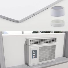 an air conditioner sitting on top of a shelf next to a wall mounted heater