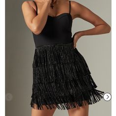 Black Bustier Dress With Embellished Fringe Bottom. Size Large. New With Tags Chic Mini Dress With Beaded Fringe For Party, Black Mini Dress With Rhinestone Fringe For Cocktail, Chic Beaded Fringe Mini Dress For Party, Chic Black Mini Dress With Rhinestone Fringe, Glamorous Black Mini Dress With Rhinestone Fringe, Black Mini Dress With Rhinestone Fringe For Party, Black Dresses With Rhinestone Fringe For Night Out, Black Dress With Rhinestone Fringe For Night Out, Black Cocktail Dress With Rhinestone Fringe