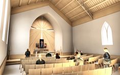 an artist's rendering of the interior of a church with people sitting in chairs