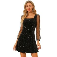 Allegra K Women's Mesh Sheer Puff Long Sleeve Square Neck Glitter Star Mini Velvet Dress Black M : Target Star Prom Dress, Dress With Mesh Sleeves, Velvet Dress Black, Diamond Bag, Mini Cami Dress, Puff Long Sleeves, Christmas Party Dress, Black Velvet Dress, Mesh Sleeves