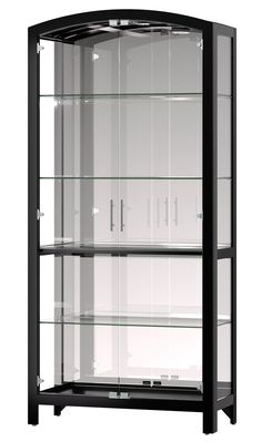 a black and white photo of a glass display case with lights on the bottom shelf