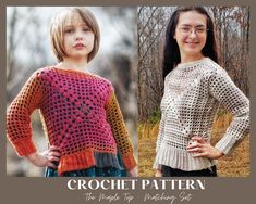 two women wearing crochet sweaters in different colors and sizes, with the words crochet pattern on them