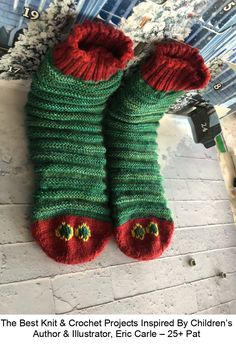 a pair of green and red knitted slippers