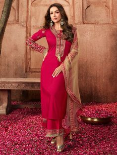 Malaika Arora Style Magenta & Gold Embroidered Kurta Suit | Inddus.com Georgette Salwar Suit, Heavy Suits, Casual Salwar Kameez, Designer Palazzo, Kurtis Designs, Prachi Desai, Drashti Dhami, Party Wear Salwar, Ladies Suit