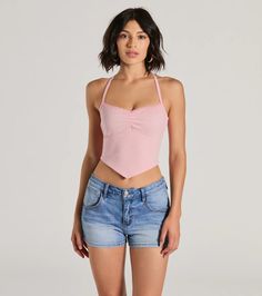 Whether you dress this crop top up or down, it'll bring the darling vibes to every outfit! The halter V-neckline with delicate lace trim and spaghetti strap add a chic touch, while the cinched bust and pointed crop hem create a flattering silhouette. Complete the look in must-have denim jeans and strappy sandals.Fit & FeaturesStretchy rib knit fabricHalter V-neckline with lace trim, spaghetti strapPointed crop hemRuns true to size Seamless V-neck Halter Top For Summer, Spring Flirty V-neck Crop Top, Flirty V-neck Spring Crop Top, Flirty Crop Top With Built-in Bra For Spring, Flirty V-neck Top With Built-in Bra, Trendy Halter Neck Camisole For Spring, Summer Seamless V-neck Halter Top, Flirty Crop Top With Built-in Bra, Feminine Camisole Crop Top