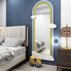 colorful framed mirror with cloud Bedroom Mirror Design, Mirror For Kids Room, Kids Room Mirror, Kids Room Wardrobe Design, Mirror For Kids, Kids Mirror, Room Mirrors, Rainbow Mirror, Cloud Mirror