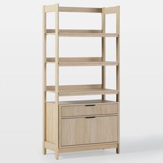 a bookcase with drawers and shelves on top of each shelf, against a white background