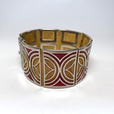 Vintage 1970s Cuff Bracelet - Red Gold Silver Circle and Diamond Pattern Affordable Vintage Round Cuff Bracelet, Art Deco Circle, Groovy 70s, Silver Circle, Retro Jewelry, Box Clasp, Silver Art, Metal Mesh, Diamond Pattern