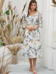 MissJophiel Short Puff Sleeves Chiffon V Neck Print Floral Ivory Tea Length Formal Dress Tea Length Formal Dresses, Tea Length, Above Knee, Floral Printed, Formal Dress, Puff Sleeves, Dress Making, Floor Length, Made In China