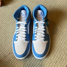 Nwt Jordan 1, $95 Per Pair Light Blue Leather Basketball Shoes For Sports, Light Blue Mid-top Sneakers With Rubber Sole, Blue High-top Sneakers With Perforated Toe Box, Light Blue Leather Basketball Shoes With Boost Midsole, Blue Sneakers With Perforated Toe Box For Streetwear, Blue Leather Skate Shoes, Blue Leather Skate Shoes With Laces, Light Blue Leather Mid-top Sneakers, Blue Leather High-top Sneakers With Laces