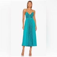 -Worn Once Blue A-line Maxi Dress For Date Night, Chic Blue A-line Pleated Dress, Blue Pleated Party Dress, Blue Midi Length Pleated Dress For Evening, Chic Blue Pleated Party Dress, Fitted Blue Pleated Dress For Evening, Chic Blue Pleated Dress For Party, Elegant Sleeveless Blue Pleated Dress, Blue Midi-length Pleated Cocktail Dress