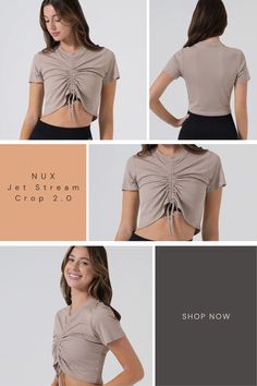 T0513 The coolest way to cool down. The Jet Stream Crop 2.0 features a double front cord crop design that allows you to customize your ideal fit and style. Wear loose for a relaxed fit or cinch for a crop with attitude. Made in LA. OOTD: For a ruched ensemble, pair the Jet Stream Crop 2.0 with the Cynthia Pant! Crop Design, Crop Tops For Women, Fitted Tops, Jet Stream, Workout Attire, Workout Crop Top, Spiritual Gangster, Tops For Women, Yoga Leggings