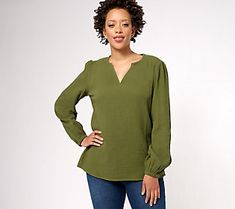 Ideal for warmer weather, this light and airy peasant top drapes beautifully on the body, creating a flowy silhouette that flatters your figure. From Belle by Kim Gravel. Flowy Split Neck Casual Tops, Flowy Casual Tops With Split Neck, Casual Flowy Tops With Split Neck, Flowy Versatile Tops For Fall, Versatile Flowy Tops For Fall, Green V-neck Peasant Top For Fall, Fall Green V-neck Peasant Top, Spring Green Long Sleeve Top For Layering, Versatile Tops With Split Neck In Solid Color