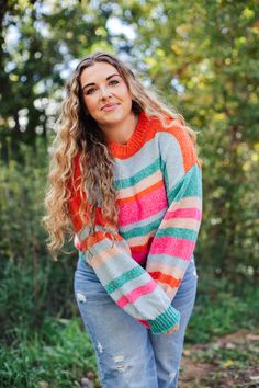 We could not be more in love with this fun sweater! So much color and so comfortable, everyone will be wondering where you got it! Model wearing a size large Cozy Colorful Long Sleeve Sweater, Fun Multicolor Long Sleeve Sweater, Multicolor Knitted Long Sleeve Cropped Sweater, Fitted Multicolor Crochet Sweater, Oversized Multicolor Crochet Sweater, Fun Sweater, Cool Sweaters, Got It, In Love