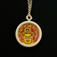 Jambhala-Yellow 黄财神 Silver Chain 银链 Thangka 唐卡 Necklace 项链 Yellow Temple Jewelry For Puja, Traditional Yellow Locket Jewelry, Yellow Pendant Jewelry For Festivals, Yellow Round Jewelry For Puja, Yellow Round Temple Jewelry, Traditional Yellow Hallmarked Jewelry, Yellow Round Temple Jewelry Necklace, Traditional Yellow Chain Necklace For Gifts, Traditional Yellow Chain Necklace Gift