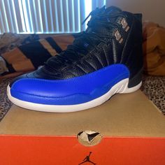 Air Jordan 12 Retro Women’s Size 10.5 Brand New Blue Custom Sneakers With Contrast Sole For Light Sports, Blue Basketball Shoes With Contrast Sole For Casual Use, Blue Running Sneakers With Contrast Sole, Blue Sneakers With Contrast Sole For Running, Lace-up Synthetic Jordan Running Shoes, Jordan Mid-top Shoes With Air Cushioning, Jordan Running Shoes With Air Max Cushioning, Mid-top Synthetic Jordan Shoes With Air Cushioning, Blue Synthetic High-top Sneakers For Light Sports