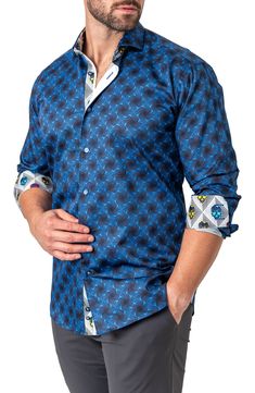 A mesmerizing abstract pattern covers this luxe shirt cut from fine cotton designed to keep you looking and feeling your best. Spread collar Long sleeves with button cuffs 100% cotton Machine wash, dry flat Made in Turkey Blue Button Up Shirt, Cut Shirts, Abstract Pattern, Crossover, Einstein, Button Up Shirts, Button Up, Nordstrom, Long Sleeves