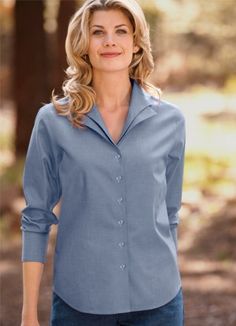 The flattering double-layer collar adds versatility to your wardrobe—it can be worn several different ways. Shaped with vertical seams, this wrinkle-free cotton pinpoint shirt looks just as great at the end of a long day as it does at the beginning. Slightly rounded hem, button cuffs. Pure cotton. Washable. Imported.Sizes: 6-20; about 25" long. Blue Wardrobe, Wrinkle Free, Free Shirts, The Beginning, Double Layer