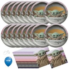 star wars baby yoda plates and napkins with balloons in the background, set of 8