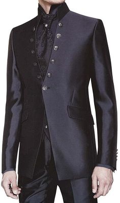 Attractive look reception 1 Button tuxedo suit - 6pc (Jacket, Vest, Pants, Shirt, Tie, Brooch) made from black color polyester fabric. It has bottom as trouser.  Perfect for weddings,graduation ceremoney,dating, meeting, yacht party, banquet, hosts' wearing,etc Dry clean only; Made in India Luxury Fitted Sherwani For Semi-formal Occasions, Fitted Nehru Jacket For Semi-formal Events, Fitted Semi-formal Nehru Jacket With Suit Collar, Formal Fitted Long Sleeve Sherwani, Black Elegant Bandhgala For Groom, Elegant Black Bandhgala For Groom, Elegant Black Nehru Jacket For Groom, Designer Festive Business Blazer, Elegant Fitted Bandhgala For Wedding