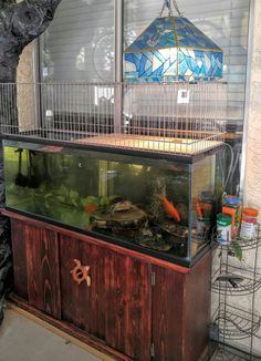 a fish tank sitting on top of a wooden cabinet