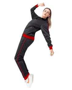 Upgrade your leisure wardrobe, with this jogging suit for women. Crafted a premium track material, this tracksuit for women offers both style and comfort. The perfect Lounge Outfit for any activity, this tracksuit jogger trackpants with a full zip up track jacket design. Elevate your workout routine with this must-have jumpsuit. About this item1.Full zip up track jacket with 2 zippered side pockets matching tracksuit. 2.Trimmed jogger pants tracksuits with 2 zippered side pockets3. 2-piece match Sporty Leisure Tracksuit, Sporty Black Track Jacket For Loungewear, Black Sporty Track Jacket For Loungewear, Black Sporty Track Jacket, Fitted Athleisure Tracksuit For Leisure, Fitted Tracksuit For Leisure In Sportswear Style, Winter Jogging Athleisure Sets, Fitted Tracksuit For Leisure Sportswear, Black Stretch Tracksuit For Jogging