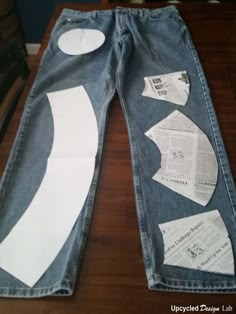 the jeans are cut up and ready to be sewn into some sort of sewing project